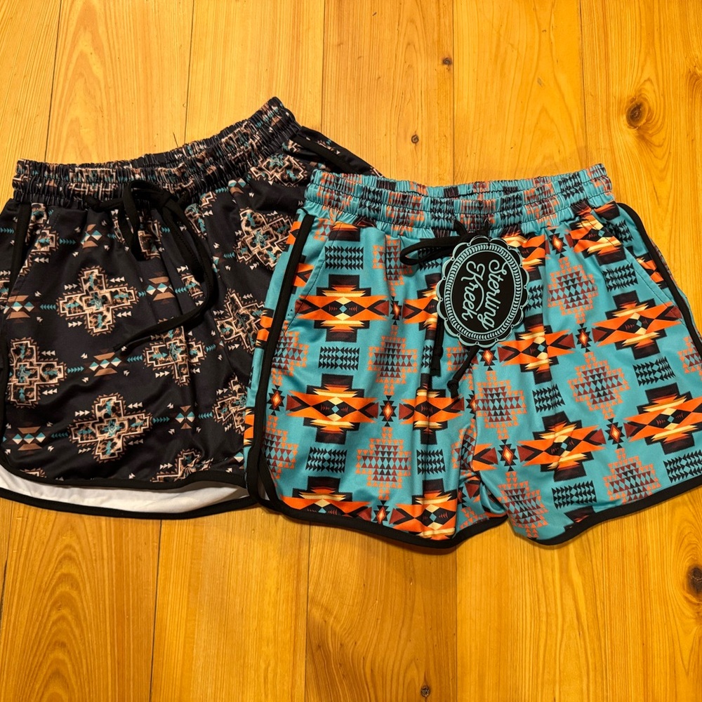 Skyline Tribe Women's Athletic Shorts - Turquoise Aztec